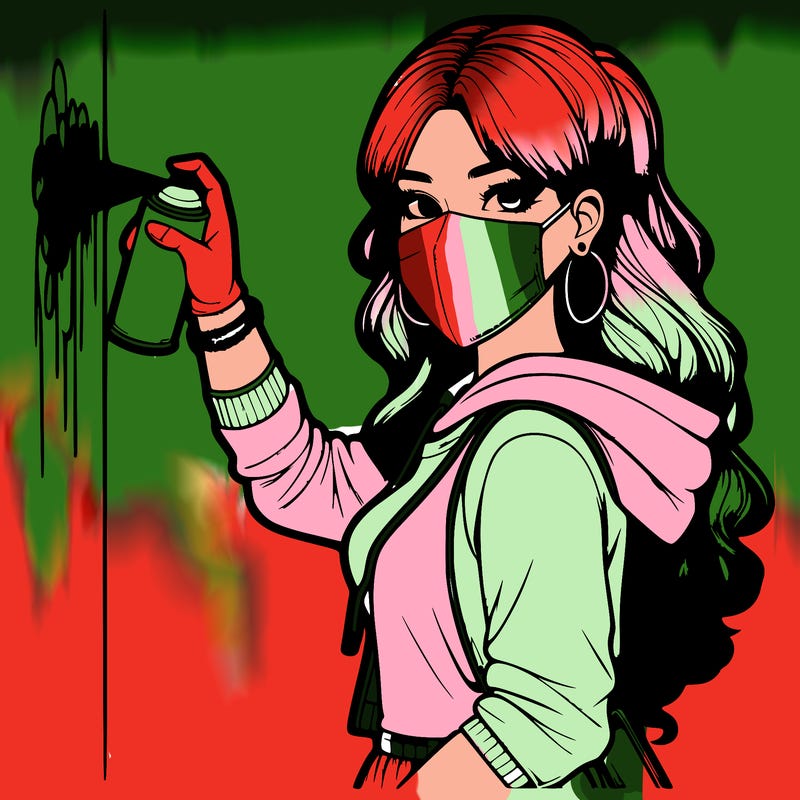 realistic girl with mask spray painting a wall