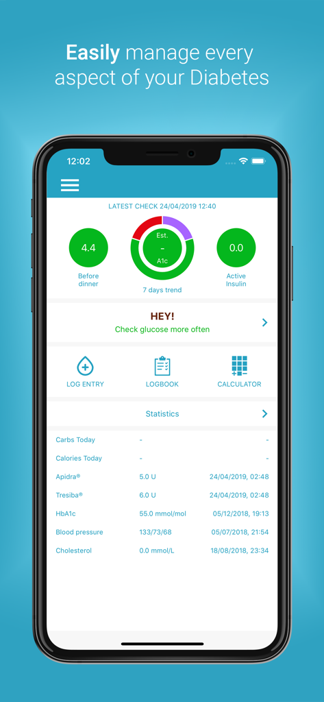 スマートフォンのDiabetes:Mアプリのメインダッシュボードで、血糖トレンドと健康統計を表示しています。