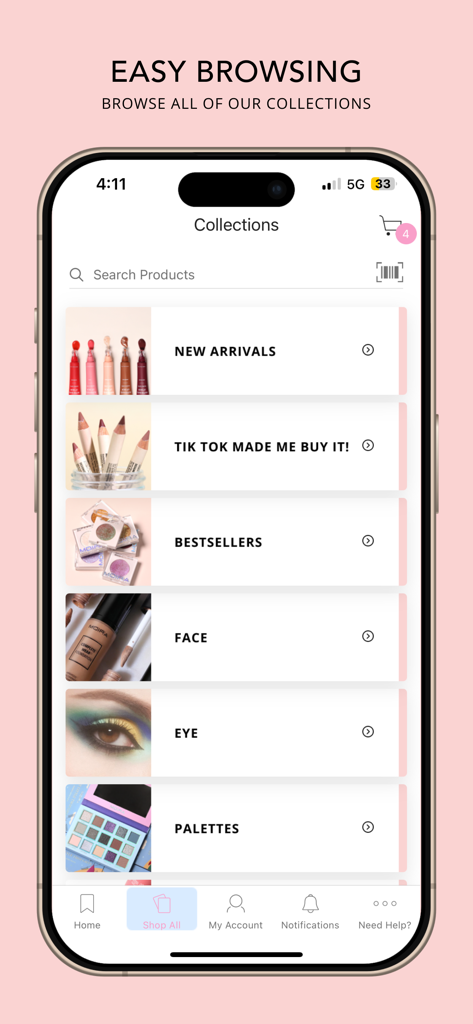 Moira Cosmetics - Moira Cosmetics Mobile App Bildschirm mit Produktkategorien zum einfachen Durchsuchen