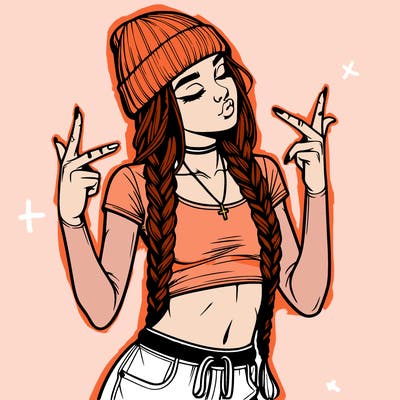 realistic teenage girl with braids and a beanie and crop top doing 🫶🏼