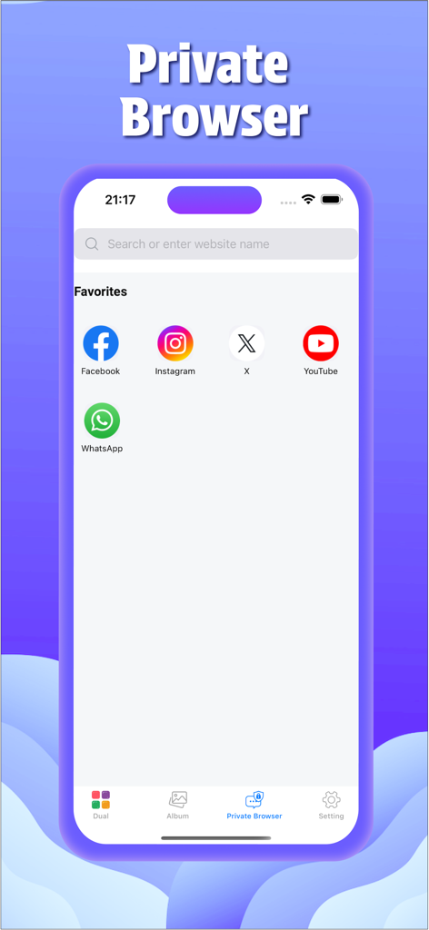 Dual Space: Multiple Parallel - Interface of the Private Browser feature in the Dual Space app showing shortcut icons for Facebook, Instagram, X, YouTube, and WhatsApp.