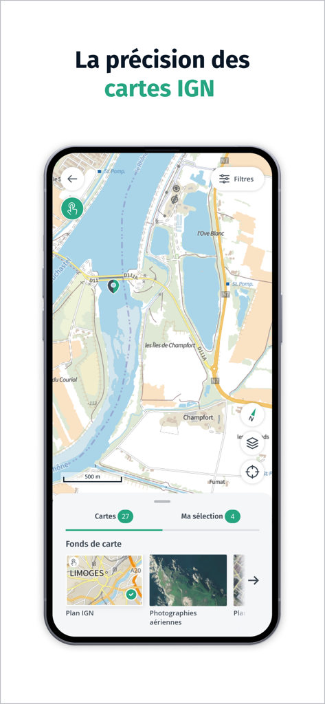 Smartphone screen showing the Cartes IGN app with a detailed topographic map and navigation tools