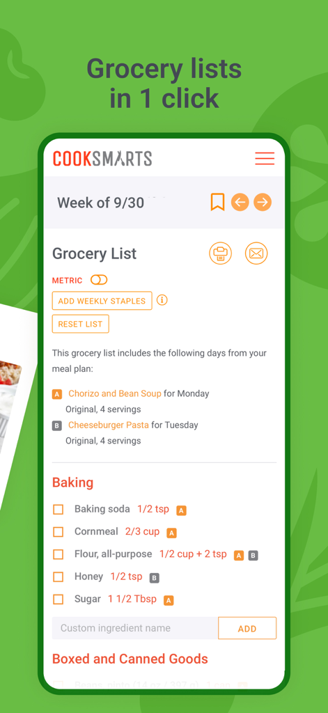 Cook Smarts - Easy Meal Plans - A screenshot of the Cook Smarts app showing an automated grocery list with ingredients for planned meals.