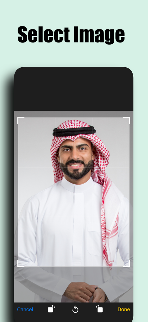 Size Image - Mobile app interface showing the selection of a portrait photo for resizing