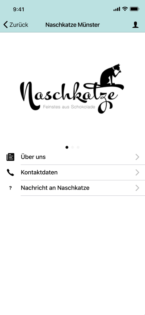 Naschkatze Münster App-Menü mit Logo und Navigationselementen für Über uns und Kontaktinformationen