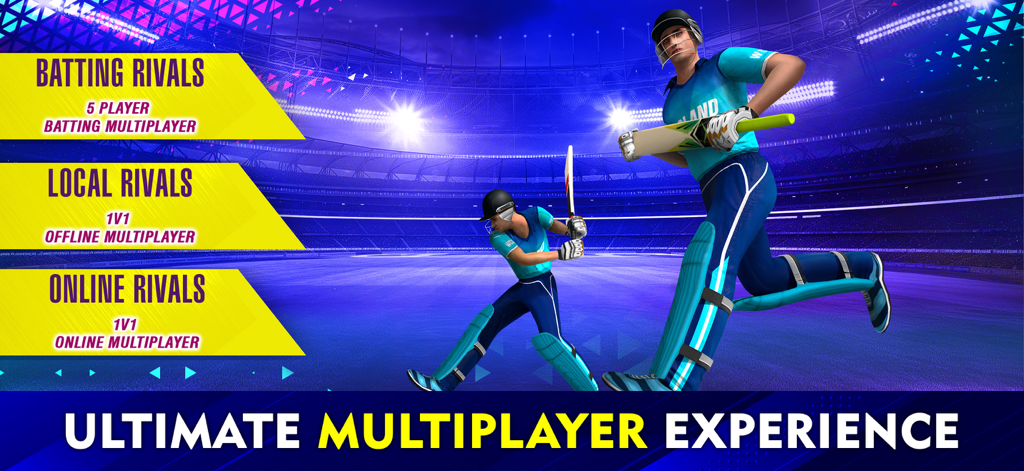World Cricket Championship 2 mobile game showing various multiplayer modes including batting rivals local rivals and online rivals