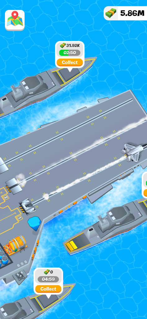 Idle Aircraft Carrier - Top-down view of a fighter jet taking off from an aircraft carrier runway in a stylized mobile game.