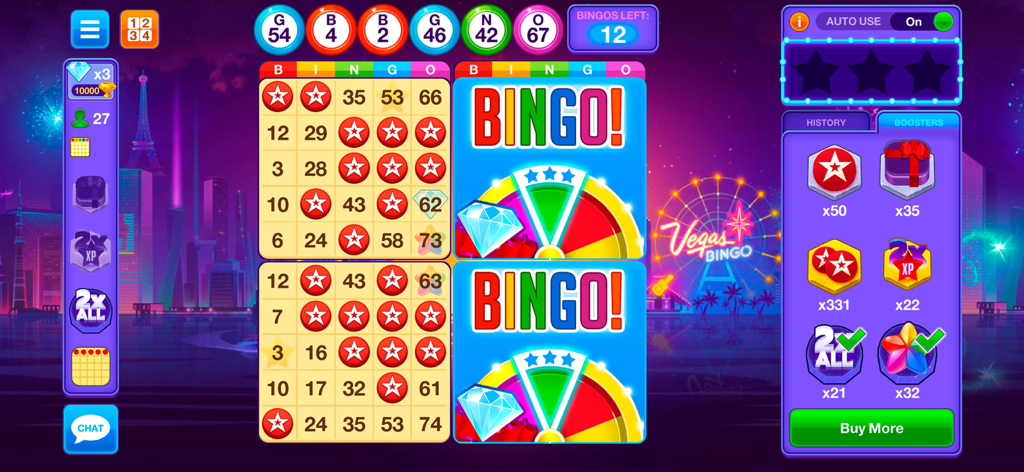Bingo Star - Bingo Games - Bingo Star game interface featuring four bingo cards and power-up boosters over a neon Las Vegas background