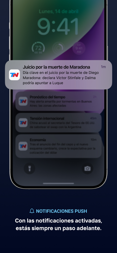 Notificaciones push de la app TN en la pantalla de bloqueo de un iPhone