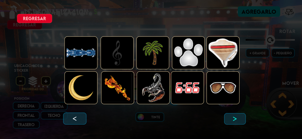 Sivar Race Ultimate - Bus sticker customization menu in Sivar Race Ultimate showing various decal options like a palm tree and scorpion