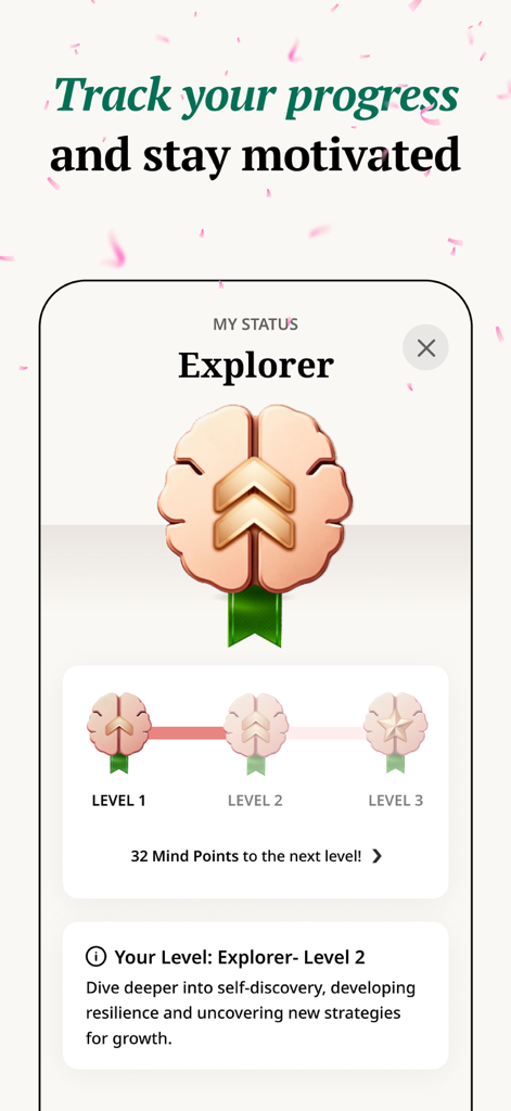 MindBuddy: Mood Journal & CBT - MindBuddy app status screen showing gamified progress levels and mind points for mental health tracking.