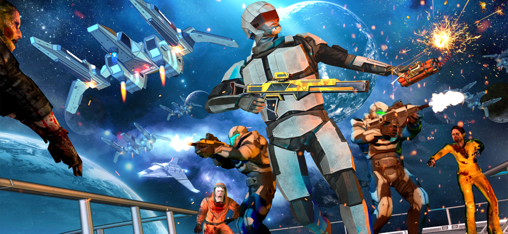 Zombie Survival Sniper Games - Armored soldiers using futuristic weapons to fight space zombies in a sci-fi setting