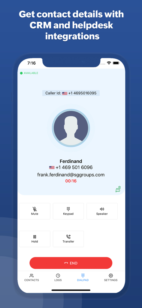 ZDialer by Zoho Voice - ZDialer app interface showing an active call with integrated CRM contact details and telephony controls.