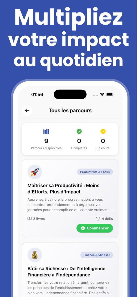 Cobalt : Book Summaries - Mobile screen of Cobalt app showing book summary courses for productivity and finance.