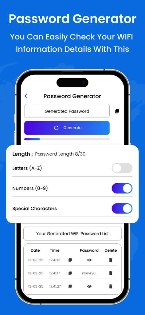 Interfaz de aplicación móvil que muestra el generador de contraseñas Wi-Fi con opciones de personalización y una lista de historial de contraseñas generadas.
