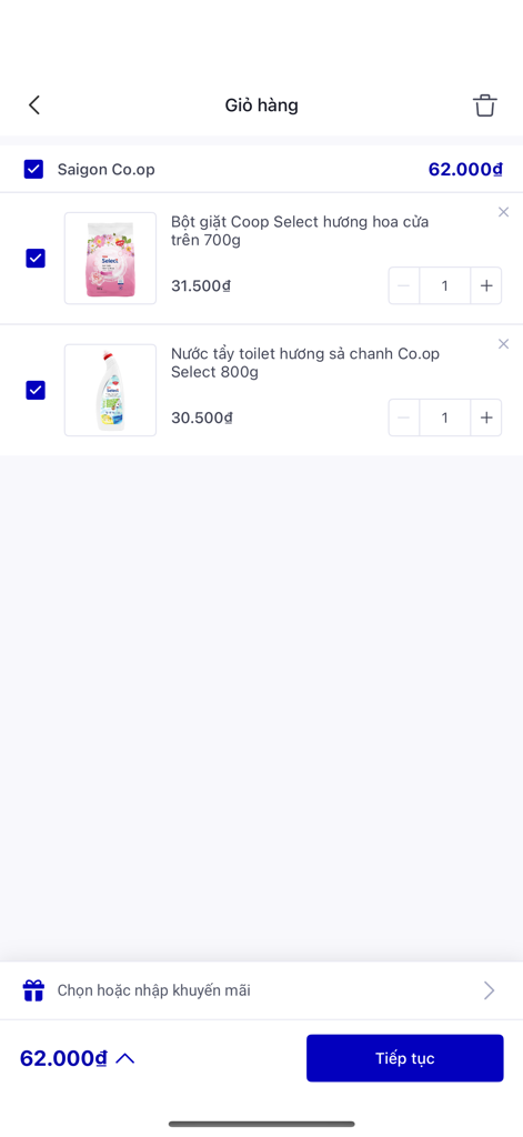 Shopping cart interface of the Co.op Online app showing selected household cleaning products.