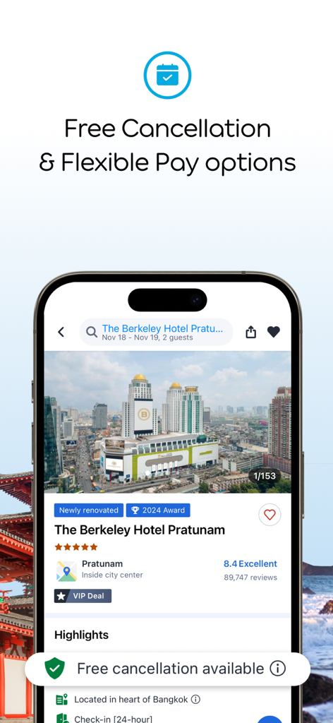 Agoda app interface showing free cancellation and flexible payment options for a hotel booking in Bangkok.