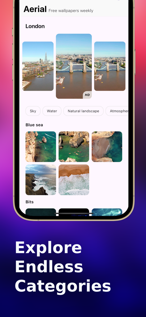 Screenshot of the Aerial app showing wallpaper categories like London cityscapes and blue sea landscapes with an explore endless categories heading.