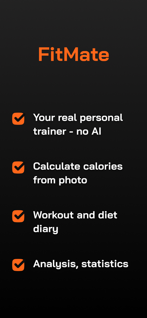 FitMate.co - List of FitMate app features including real personal trainers calorie calculation from photos and workout diaries