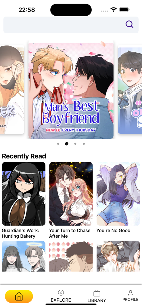 Toonred - Webtoon & Manga - Toonred app home screen featuring various webtoon covers and a recently read list of manga.