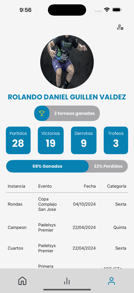 Padelsys - Padelsys app screen showing a player profile with match statistics, win rate, and tournament history