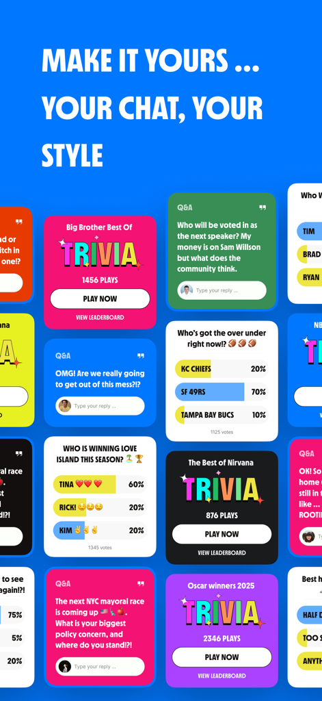 A vibrant grid of colorful interactive cards for trivia polls and q&a features in the ChatBCC app interface.