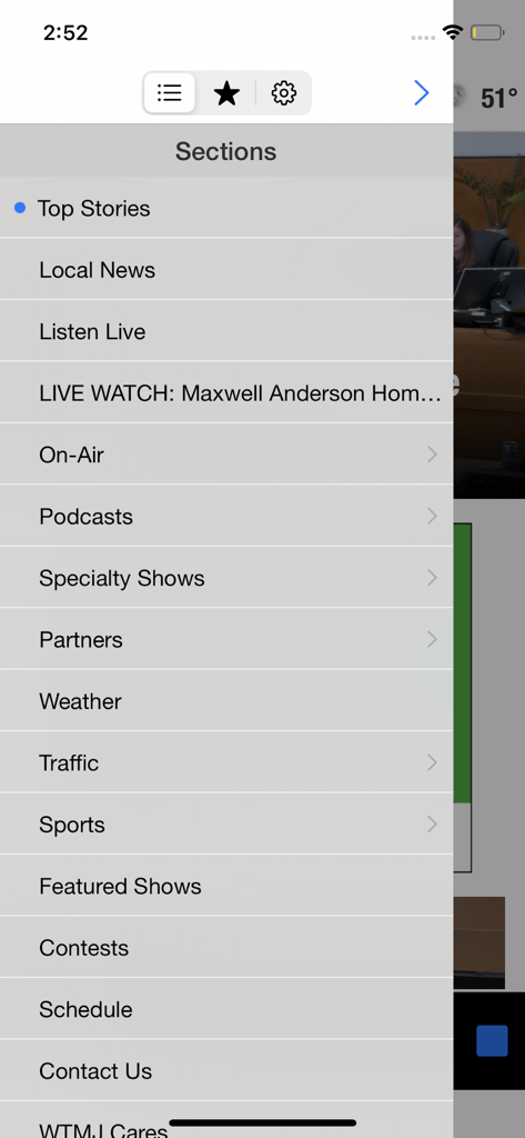 620 WTMJ Radio - Navigation menu of the 620 WTMJ Radio app showing sections for local news sports and weather