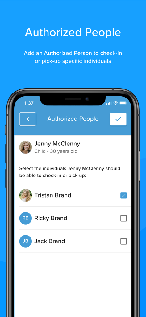 Check-In App - Interfaz móvil que muestra personas autorizadas para la gestión de registro y recogida en la iglesia