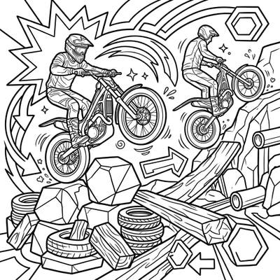 Experience the adrenaline of motorcycle trials with this vibrant Pop Art coloring page. Perfect for those who love extreme sports and bold, graphic styles.