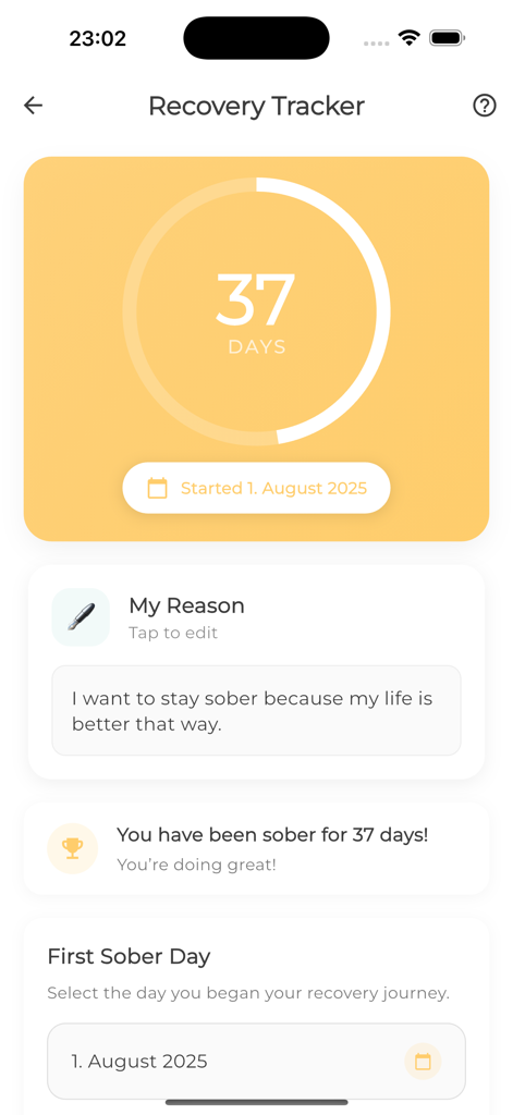 Bati - Recovery in your pocket - Bati Mobile App Recovery Tracker Bildschirm mit 37 nüchternen Tagen und einer persönlichen Motivationsnotiz