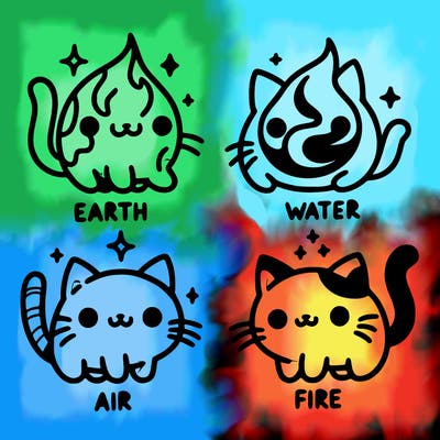4 cats that represent the different elements, earth, water, air, and fire