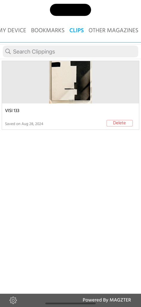 VISI Magazine - A screenshot of the VISI Magazine app clips section showing a saved design clipping from issue 133.