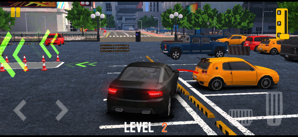 Car Games : Car Dr Parking - A black car maneuvering in a crowded 3D city parking lot during level 2 of a driving simulation game.