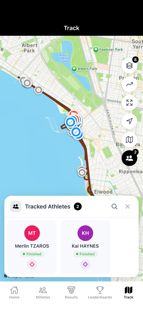 SportSplits - Mobile app interface of SportSplits displaying live athlete tracking on a race map with status updates.