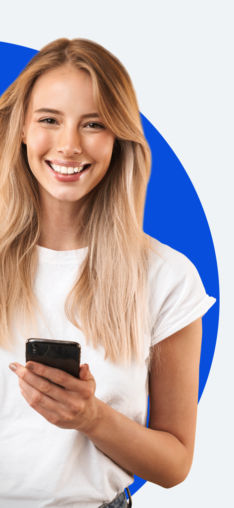 Smiling young woman holding a smartphone representing a mobile app user