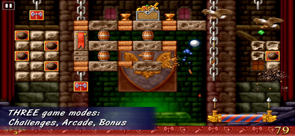 Gameplay screenshot of Bricks of Camelot showing a medieval dungeon level with various obstacles and power ups