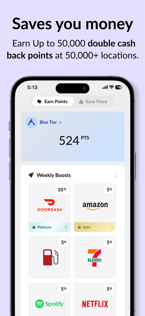 Atlas - Rewards Credit Card - Interfaccia dell'app Atlas che visualizza punti premio e bonus cashback settimanali per marchi come DoorDash, Amazon, Spotify e Netflix