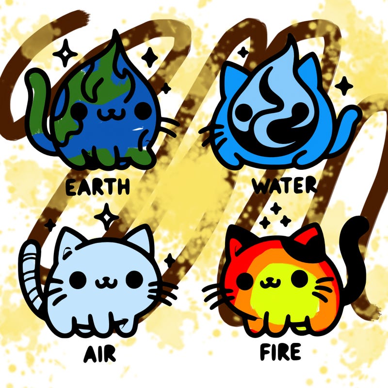 4 cats that represent the different elements, earth, water, air, and fire