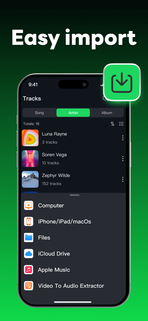 An iPhone screen displaying various music import options including computer files and iCloud drive within the HT Offline Music Player app.