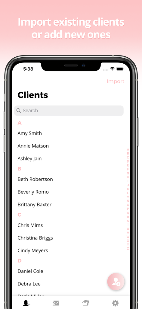 Gloss-App-Bildschirm mit einer organisierten alphabetischen Liste von Salonkunden mit Such- und Importoptionen