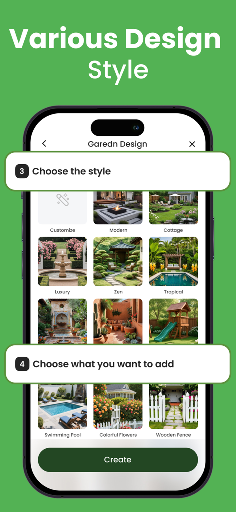 AI Garden- AI Landscape Design - Mobile app interface showing various garden design styles and landscape elements