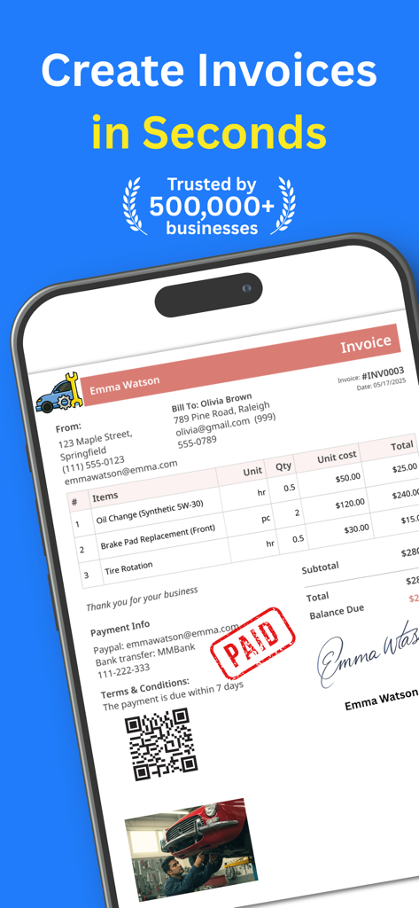 Écran de smartphone affichant une facture professionnelle avec un tampon PAYÉ et un code QR