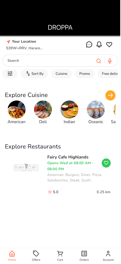 DROPPA - Delivery & TakeAway - Home screen of the DROPPA delivery app featuring cuisine options and local restaurant listings