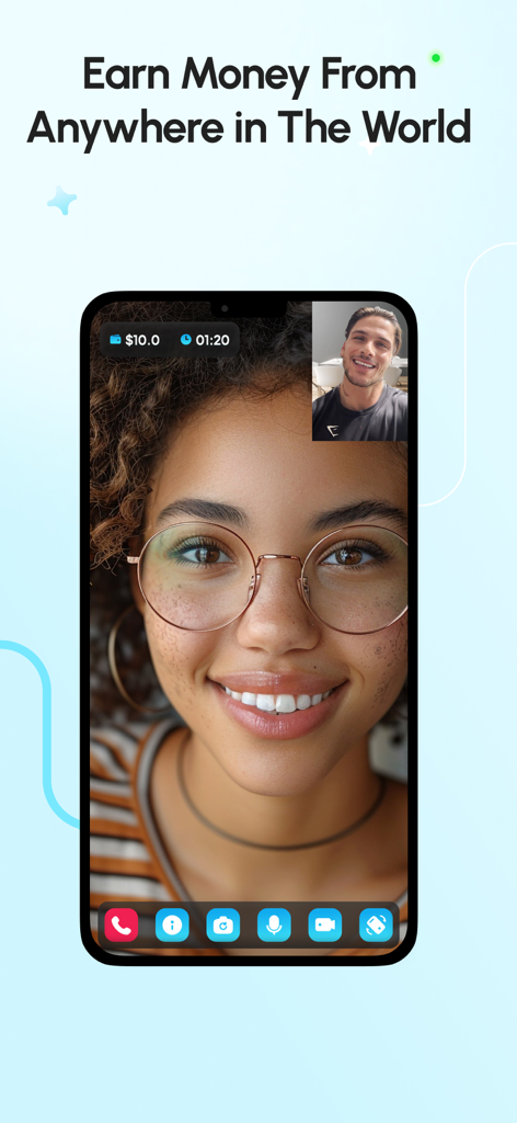 Rent A Cyber Friend - Smartphone screen showing a video call interface with earnings and timer for the Rent A Cyber Friend app.