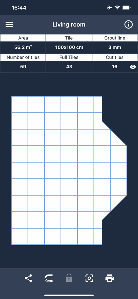 Interface of the Floor Covering app showing tile grid and calculations for a living room renovation