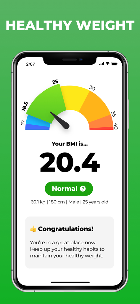 Smartphone mostrando una puntuación de IMC normal de 20.4 en un medidor codificado por colores en la aplicación Calculadora de IMC.