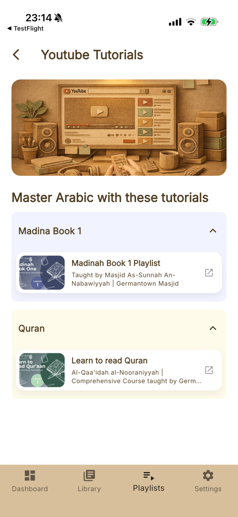 Madeenah Books - Screen showing Arabic and Quran YouTube tutorial playlists in the Madeenah Books app