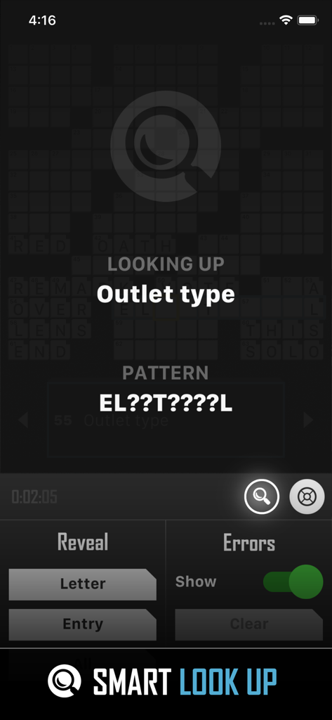 Crossword Puzzle Redstone app interface showing the Smart Look Up hint feature