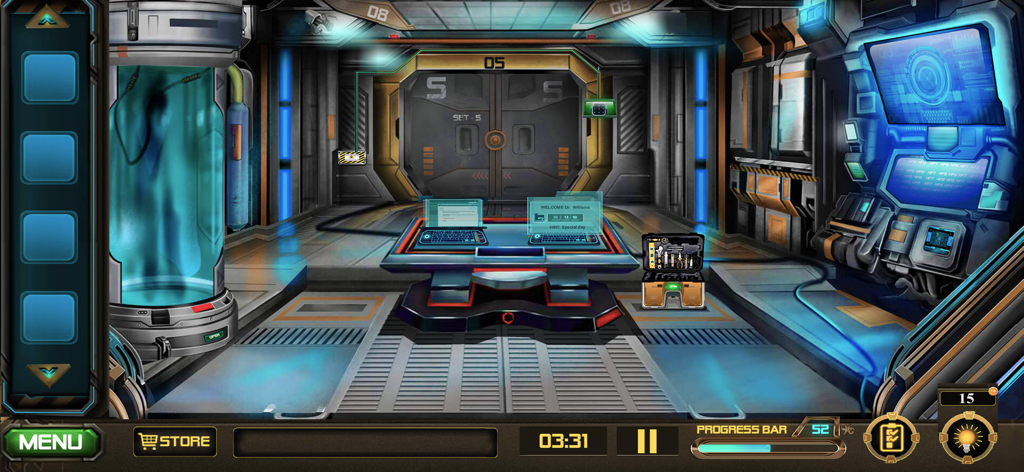 Escape Mystery - Alien Impact - Gameplay screenshot of a futuristic science fiction laboratory with holographic consoles and puzzle elements
