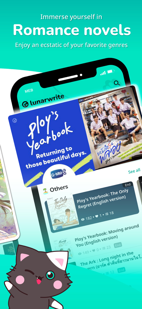 Lunarwrite mobile app interface featuring Thai romance novels and official series tie-ins